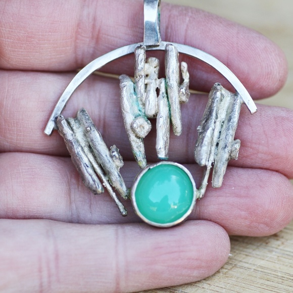 Handmade Large Natural Chrysoprase Pendant in Solid Sterling Silver - Picture 1 of 5
